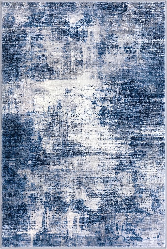 IOHOUZE Abstract Area Rug 4x6 Ft Washable Rugs for Entryway Indoor, Non Slip Small Living Room Rugs Printed Faux Wool Throw Rug, Floor Carpet for Kitchen Nursery Playroom, Navy/Grey
