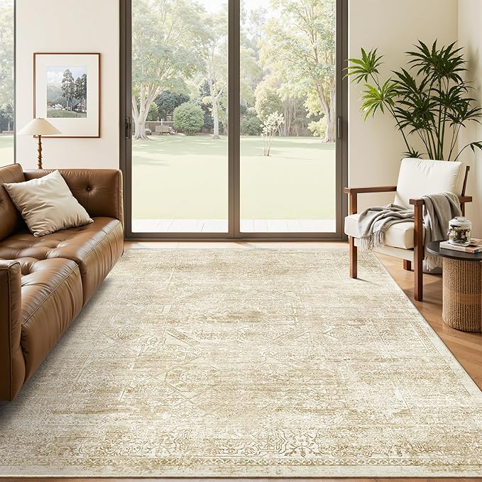5x7 Area Rugs Beige Low Pile Indoor Washable Trendy Faded Style Floral Rugs for Bedroom Living Room Dining Room Foldable Non-Slip Thin Print Mat