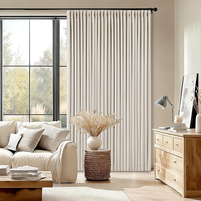 70 Inch Extra Wide Blackout Curtain 96 Inches Long for Living Room Pinch Pleated Natural Linen Cream Beige Thermal Drapes Back Tab Room Darkening 100% Blackout for Bedroom Large Window 70x96 1 Panel