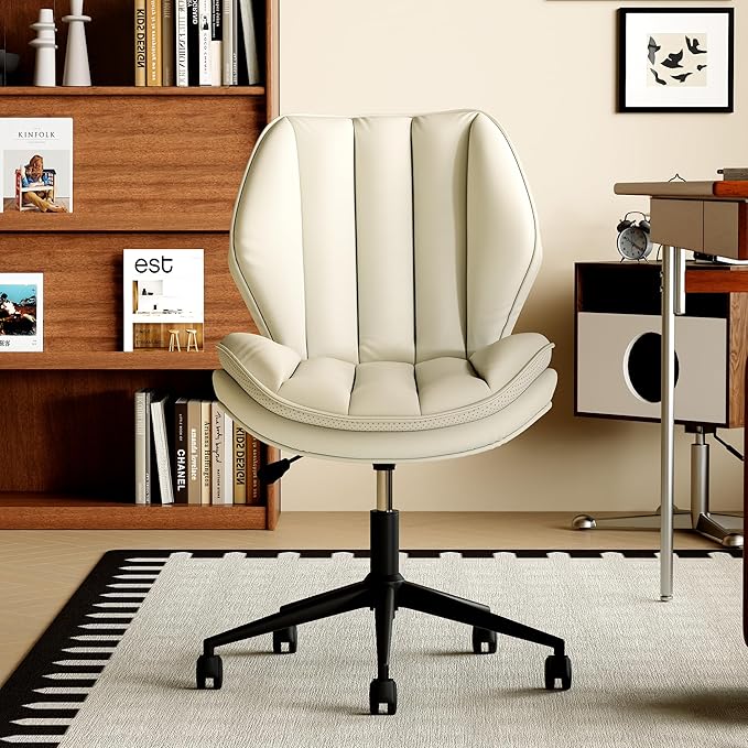 Home Office Desk Chair with Wheels, Armless Adjustable Height PU Leather Office Chair, Mid Back Ergonomic Computer Chair, Walnut Curved Seat Design No-Arm Chair (9008-White)