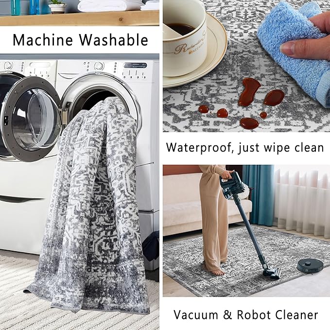 vivorug Grey Runner Rug 2x10 Machine Washable Rug with Non-Slip Backing, Ideal for Kitchen Hallway Entryway Laundry Room - Vintage, Durable, Easy Clean, Low Pile Carpet Runner