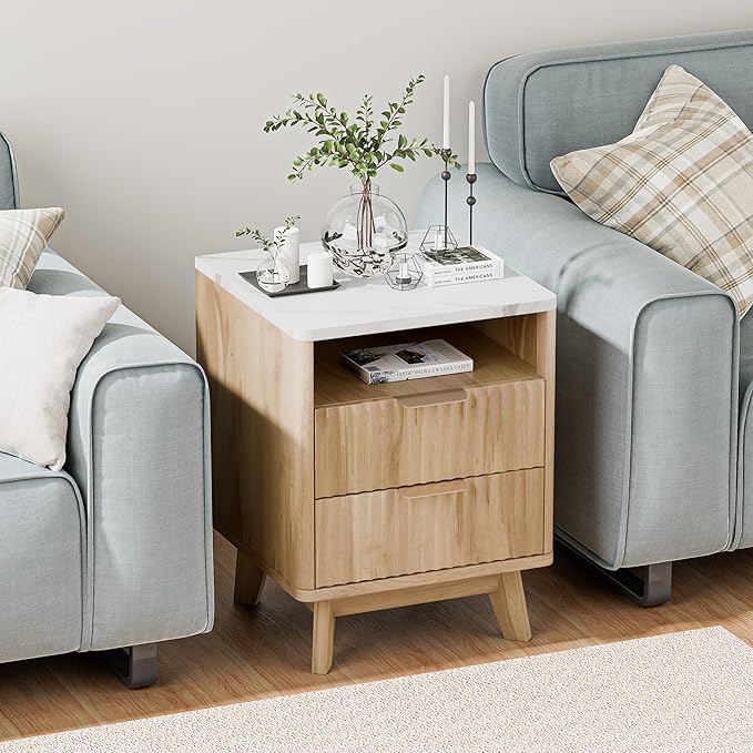 Fluted Nightstand Set of 2, 18" Modern Night Stand with Faux Marble Top, Open Storage Shelf, Fluted Bedside Table for Bedroom, End Table Side Table, Oak