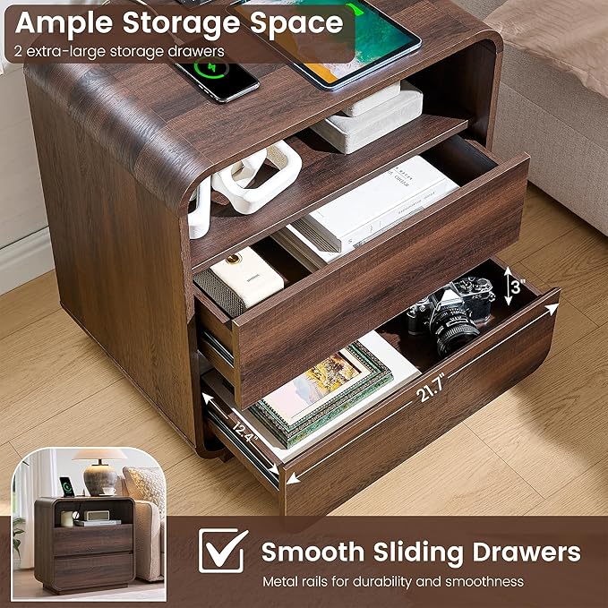Curved Nightstand Set of 2 with Charging Station, 23.2" Wide Wood Bedside Table 2 Storage Drawers, Modern Side Table Handleless End Table, Walnut Night Stand for Bedroom, Office