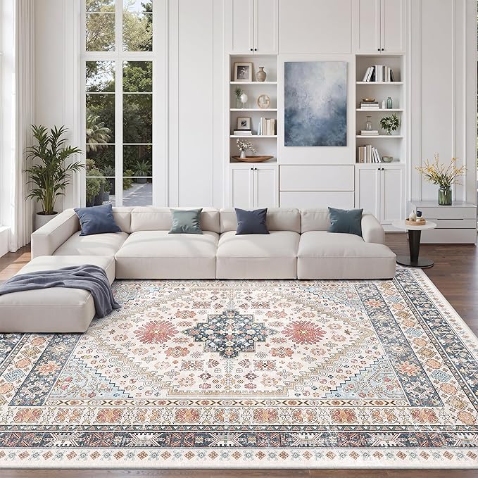 zesthome 9x12 Area Rugs for Living Room,Non-Slip Backing Washable Rugs,Vintage Large Area Rug，Stain Resistant Home Decor Rug (Multi,9'x12')