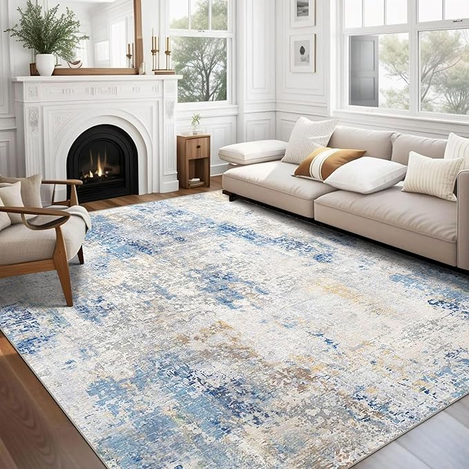 vivorug 9x12 Area Rugs for Living Room, Non Slip Machine Washable Modern Abstract Rug, Ultra-Thin Lightweight Large Area Rug for Bedroom, Dining Room, Low Pile, Blue Ivory Yellow