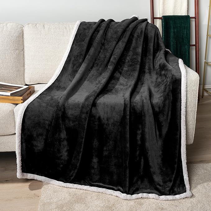 PAVILIA Sherpa Fleece Throw Blanket for Couch, Twin Size, Black, Plush Soft Fuzzy Sofa Blanket, Cozy Reversible Winter Throw for Women Men, 60x80 Inches