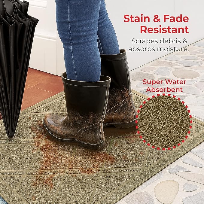 SlipToGrip Universal Door Mat, Plaid Design - Khaki, 42 x 35 - Anti Slip, Durable and Washable, Outdoor and Indoor Floor Welcome Mat - Front Door, Dust Absorbent