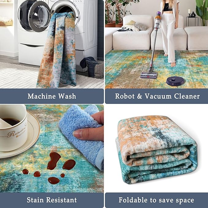 5x7 Area Rugs - Ultra-Thin Washable Rug with Non-Slip Backing, Ideal for Living Room, Bedroom, Kitchen Floor Carpet - Modern Abstract Style, Easy Clean, Durable, Low Pile Rug, Rosy Clouds