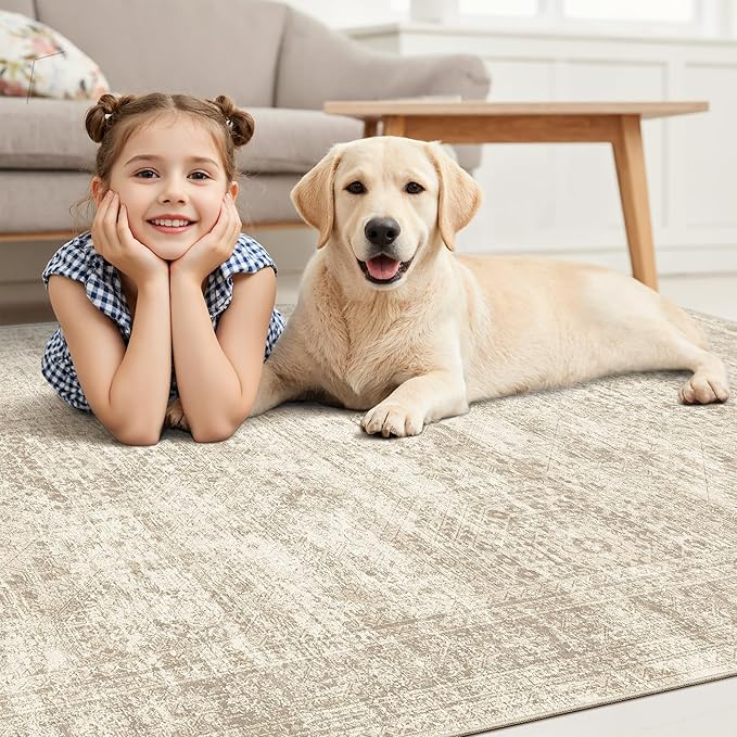 10x14 Area Rugs for Living Room, Non Slip Machine Washable Vintage Rugs, Low Pile Lightweight Large Rug for Bedroom, Dining Room, Home Office Beige