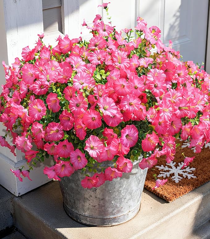 Artificial Flowers Fake Plants for Outdoors Decoration, 12 Bundles Pink Silk Morning Glory with Eucalyptus Realistic UV Resistant Faux Flowers Greenery for Outside Planter Yard Garden Home Indoor Urn