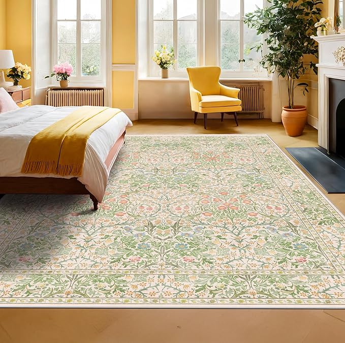 Light Beige Green Botanical Living Room Rug, 7x10 Washable Area Rug for Kids Room, Bedroom, Nursery Room, Living Room, Dining Room, Low Pile Non-Slip - Vintage Design & Fade Resistance