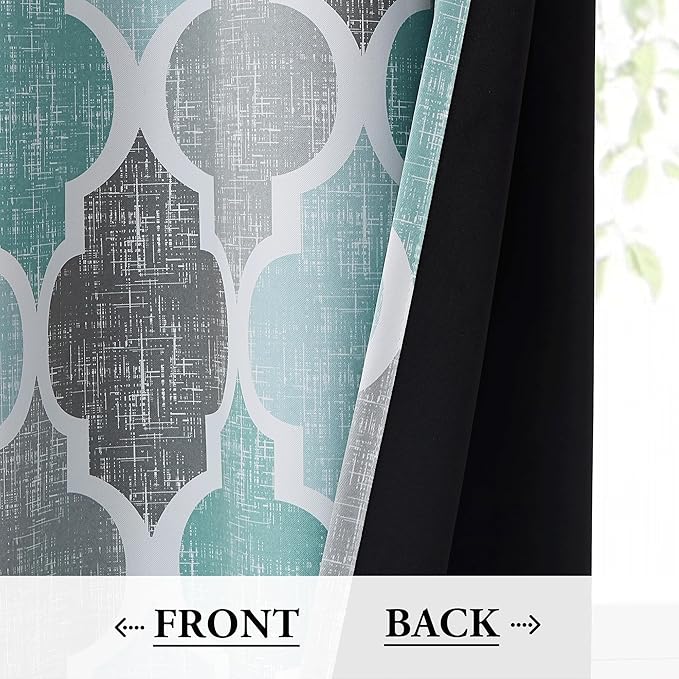 Beauoop 100% Blackout Curtains 108 Inches Long 2 Panels for Bedroom Living Room Aqua Grey Moroccan Geo Room Darkening Thermal Insulated Soundproof Grommet Top Window Treatments Drapes, 50x108 Set of 2