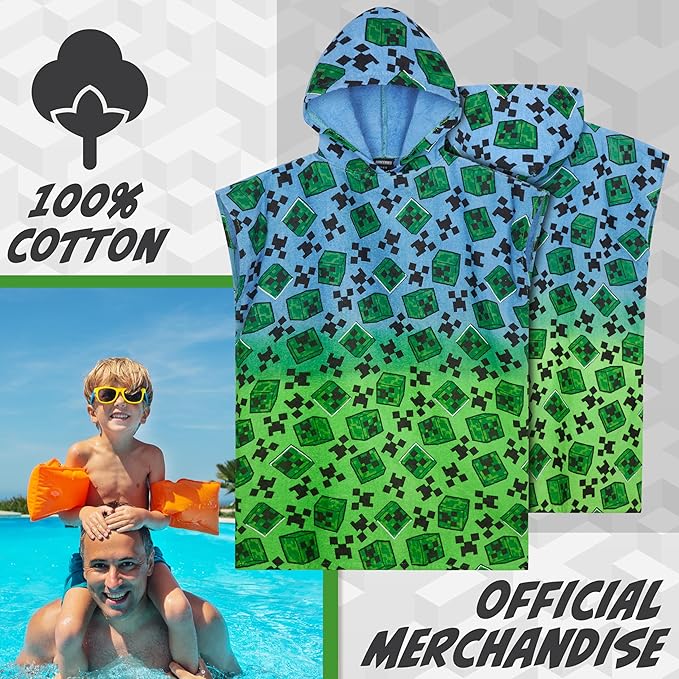 Minecraft Towelling Poncho Kids Teens Hooded Bath Towels Absorbent Beach Towel (Multi, 6-9 Years)