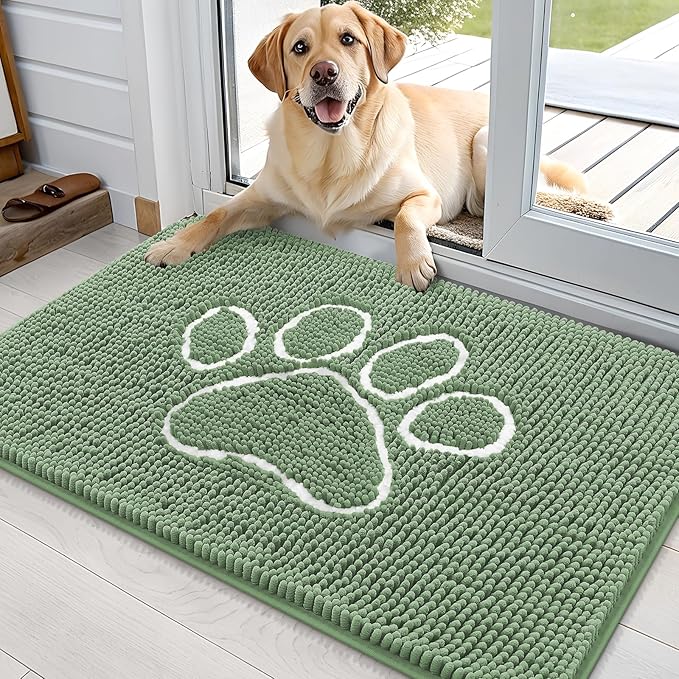 OLANLY Dog Door Mat for Muddy Paws 36x24, Paw Print Design, Absorbs Moisture and Dirt, Non-Slip Washable Doormat, Quick Dry Chenille Mud Mat, Entry Indoor Entryway Carpet, Olive Green and White