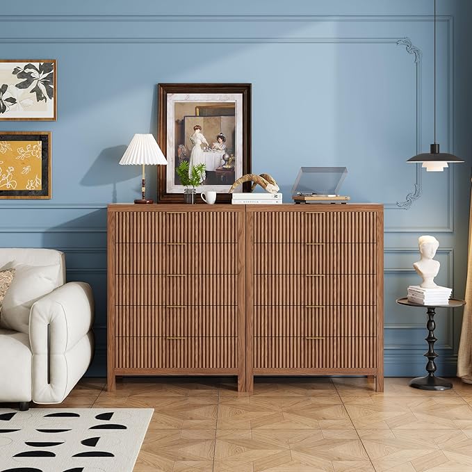 5 Drawer Dresser, 43" Tall Dresser Organizer TV Drawer Cabinet Modern Wood Storage Cabinet, Modern Wood Storage Cabinet for Bedroom, Hallway, Entryway, Walnut Oak X 2