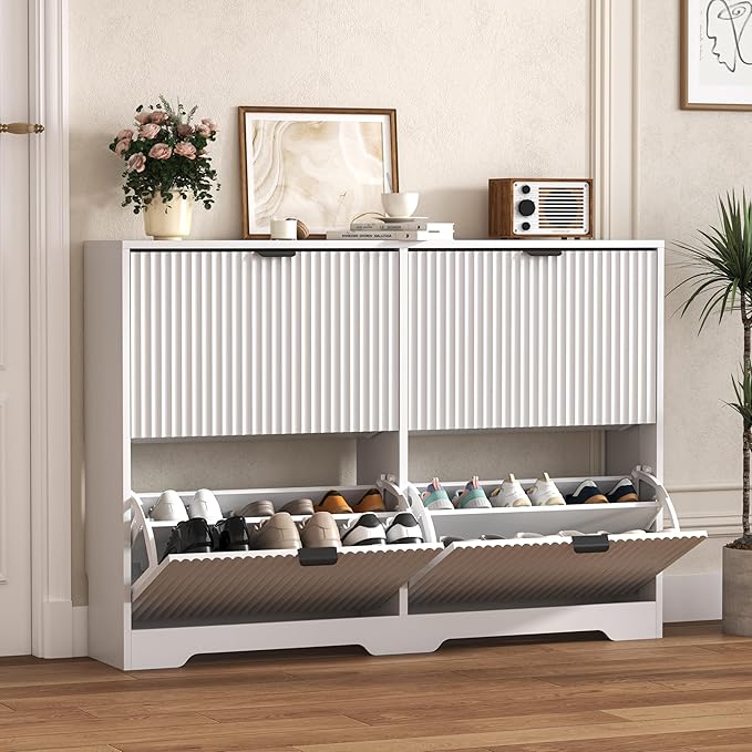 Shoe Cabinet Storage for Entryway with 4 Flip Drawers, White Fluted Shoe Cabinet with Adjustable Shelves, Wooden Hidden Shoes Rack Freestanding Narrow Slim Shoes Storage for Hallway, Entrance