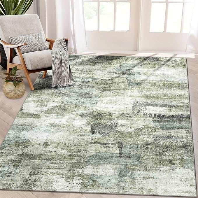 3x5 Rug, Small Area Rug for Living Room, Bedroom, Kitchen, Machine Washable Non-Slip Throw Rug, Modern Abstract Carpet for Entryway Nursery Coffee Table, Green