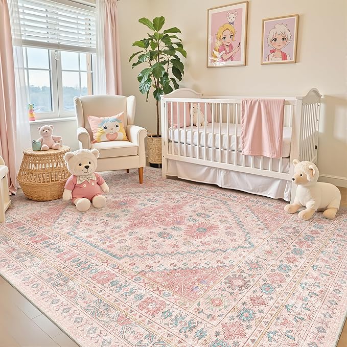 zesthome 6x9 Washable Rugs for Baby Girl, Super Soft Pink Rugs for Nursery Room, Non-Slip Stain Resistant Bedroom Rug, Ultra-Thin Large Area Rug (Pink/Blue,6'x9')