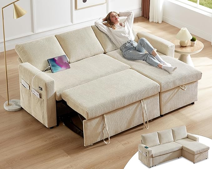 Vipbear 80" Sectional Sleeper Sofa Bed with Pull Out Bed, L Shaped Couch Pull Out Couch with Reclining Backrest, Reversible Storage Chaise, USB Ports, Tool-Free Assembly, Corduroy Beige Color