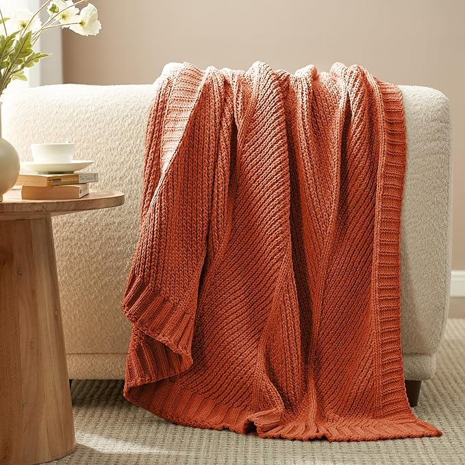 Amélie Home Chevron Chenille Knit Throw Blanket for Couch, Cozy Texture Decorative Soft Blanket for Sofa & Chair, 50"x60", Burnt Orange
