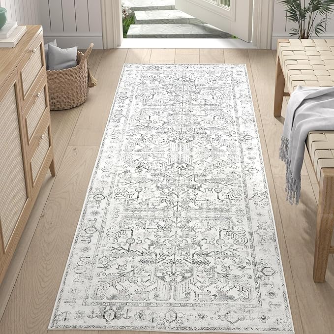 jinchan Lima Runner Rug 2x5 Washable Hallway Runner - Vintage Floral Non Slip Low-Pile Soft Ultra-Thin Kitchen Rug Distressed Carpet for Farmhouse Bedroom Entryway Laundry Room (2x5ft, Grey)