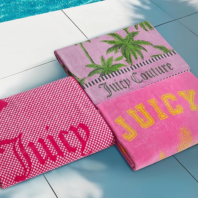 Juicy Couture Pink Beachside Couture 36" x 72" 100% Cotton Oversized Beach Towel - Soft, Absorbent, and Quick-Drying, Perfect for Beach, Pool, or Travel
