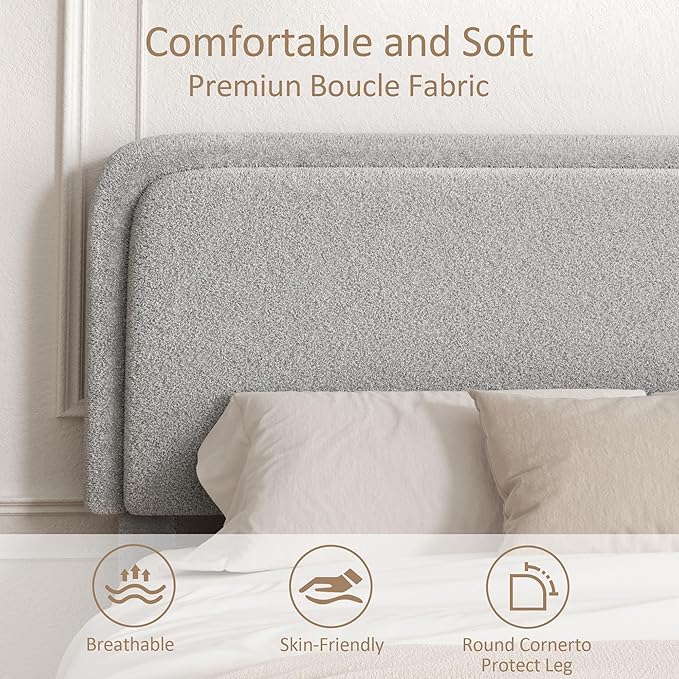 Full Size Platform Bed Frame with Headboard, Boucle Upholstered Desige, Anti-Collision Corners, Soft Rounded Corners, No Box Spring Required, Easy Assembly, Noise Free