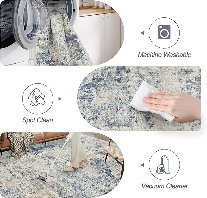 Abstract Rug 8x10 Large Living Room Rugs Neutral Modern Washable Area Rugs for Bedroom Dining Room Non-Slip Stain Resistant Foldable Thin Rug Blue Yellow