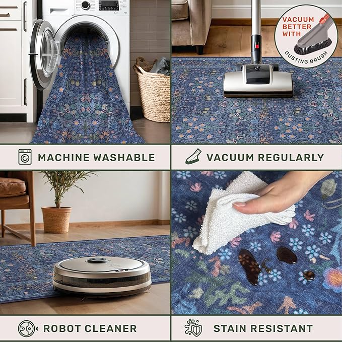 Dark Blue 2'6" x 8' Runners for Hallways Non Slip, Extra Long Floor Runner for Kitchen, Entryway Indoor, Washable Rubber Backing Stain Resistant - Vintage Navy Blue Floral Décor