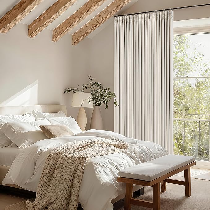 Pinch Pleated Blackout 102 Inch Curtains 70 Inch Wide Linen Dual Layer Soundproof Farmhouse Bedroom Window Curtains for Living Room Cream Natural Hooks Rings Back Tab 100% Black Out Drapes 1 Panel