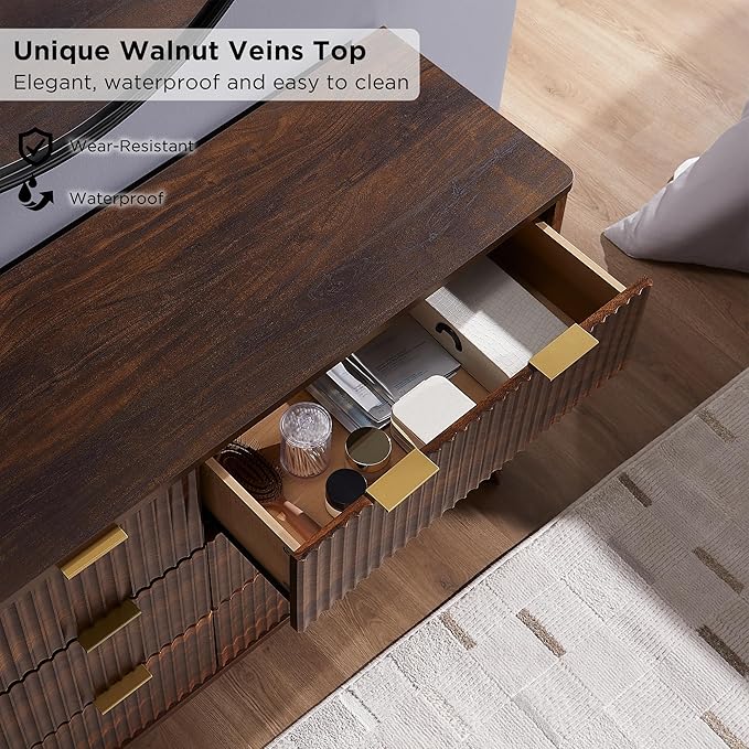 T4TREAM Fluted 6 Drawers Dresser, 54" Wide Modern Chest of Drawers, Curved Profile Design, Dresser TV Stand, Wood Drawer Organizer for Bedroom, Living Room, Hallway, Dark Walnut