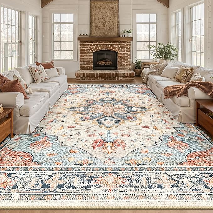 Area Rugs 10'x12' Washable Non-Slip, Floral Vintage Distress Print Pattern Medallion Carpet for Living Room Bedroom Dining Room, Beige Navy Blue Orange Colorful