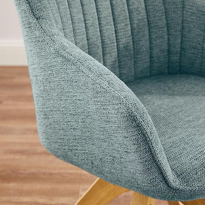 Zouron Mid Century Modern Accent Chair with Wooden Legs, Swivel Desk Chair No Wheels, Upholstered Side Armchair Vanity Chair for Small Space Home Office Living Room Bedroom, Light Blue