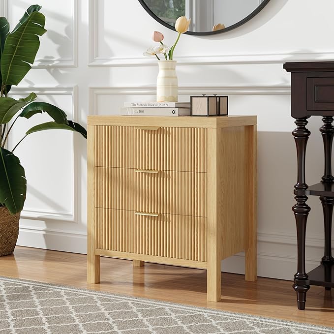 End Table with Storage, Wooden Farmhouse Nightstands with 3 Drawers, Bedside Table - Boho Tall Side Table Accent for Bedroom, Living Room, Nature