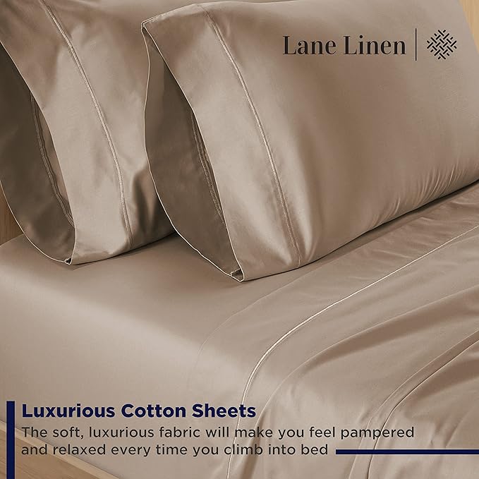LANE LINEN 600 Thread Count 100% Mercerized Cotton Full Size Sheets Set, Sateen Weave for Soft & Comfy Sleep, 15 inch Deep Pocket Machine wash Bed Sheets, Luzury Hotel Style Full Size Set- Taupe