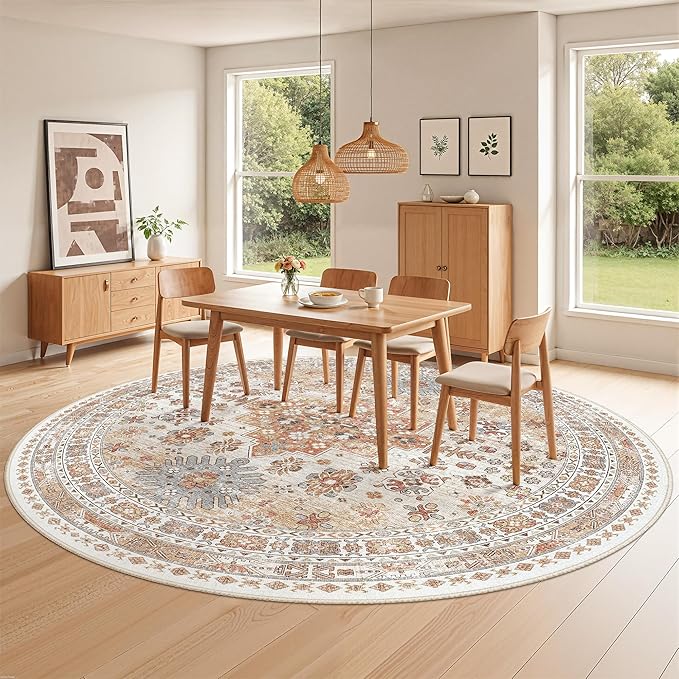 zesthome 8ft Round Rugs for Living Room, Non-Slip Washable Round Area Rugs, Ultra-Thin Large Circle Rugs, Soft Low Pile Rug for Bedroom, Kitchen - Vintage Stain Resistant Round Rug (Orange,8'x8')