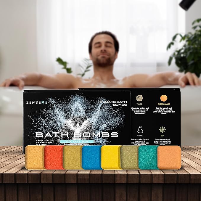 Bath Bombs for Men - Gift Set of 18 Square Shaped Handmade Natural Bath Bombs of 2.5 oz w/Essential Oils, Unique Manly Scents, for Boyfriend, Husband, Father - 18 Pack Square