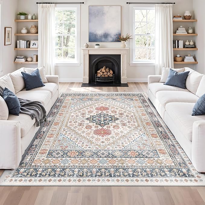 zesthome 7x9 Area Rugs for Living Room,Non-Slip Backing Washable Rugs,Vintage Large Area Rug，Stain Resistant Home Decor Rug (Multi,7'x9')