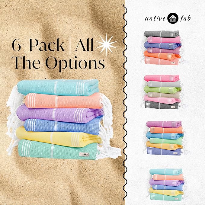 Native Fab Turkish Cotton Beach Towels Set of 6, Oversized 40x71 Inches, Thin & Lightweight, Quick Drying, Sand Resistant, Compact for Travel - Perfect for Summer, Beach, Pool, Spa - Multi 6 Colors