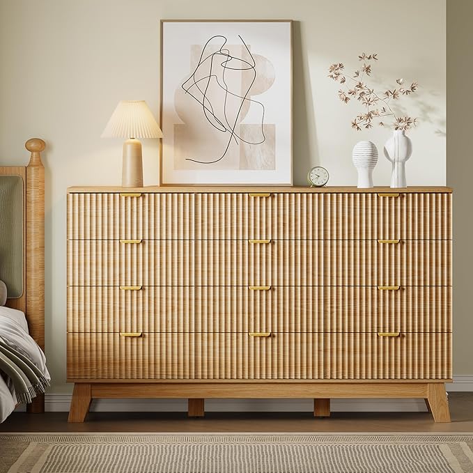 57" Wide Dresser for Bedroom, 12-Drawer Fluted Dresser with Metal Handles, Wood Chest of Drawers with Smooth Slides and Stable Base, Modern Storage Cabinet for Living Room, Nursery