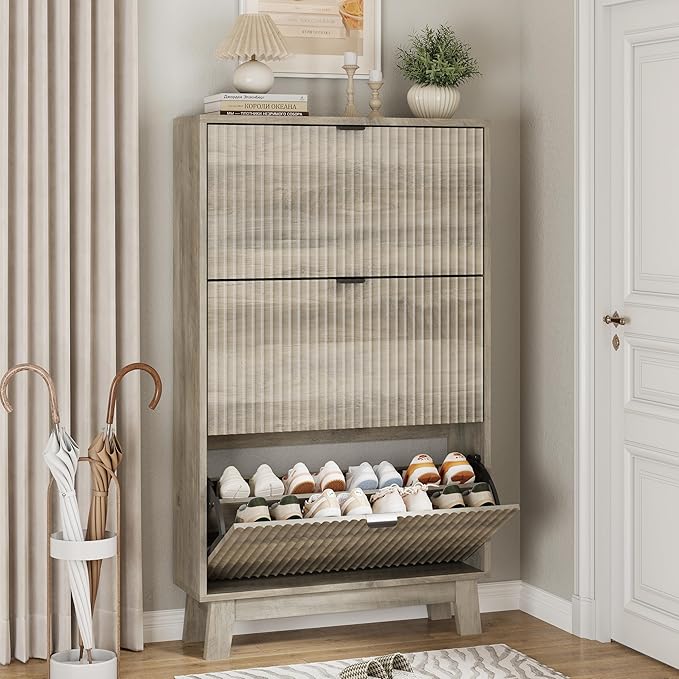 Shoe Cabinet with 3 Flip Drawers, 54" Tall Narrow Fluted Shoe Storage Organizer for Entryway, Hidden Slim Wooden Shoe Rack Cabinet for Front Door Entrance, Hallway, Living Room, Light Grey