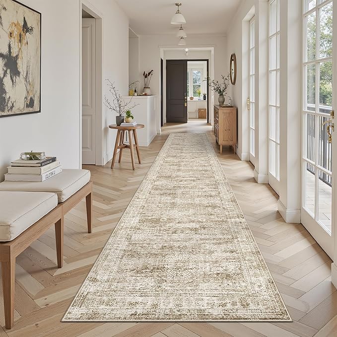 Runner Rug 2'6" x 14' Washable Non-Slip Runner Rugs for Kitchen Bathroom Laundry Room Vintage Ultra Thin Runners for Hallway Entryway Brown