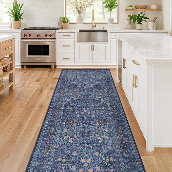Dark Blue 2x8 Kitchen Rugs - Machine Washable Hallway Runner Non Slip, Floral Pattern Indoor Floor Mats for Entryway, Oriental Design Home Décor