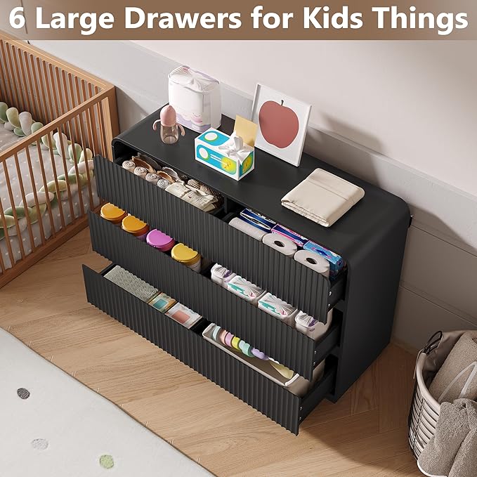 Dresser for Bedroom with 6 Drawers, Fluted Chest of Drawers with Round Curved Corner, Hidden Handles, Modern Wood Storage Organizer for Bedroom, Nursery, Living Room