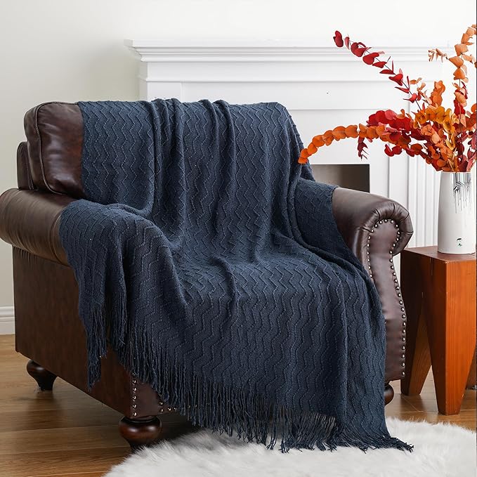 BATTILO HOME Navy Blue Throw Blanket for Couch, Textured Soft Navy Throw, Decorative Knitted Navy Blanket Throw for Sofa Bed Living Room, 50"x60"