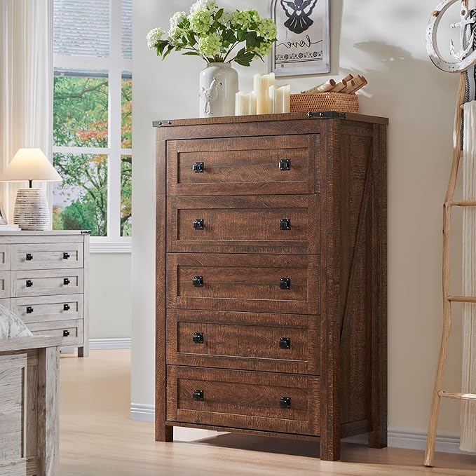 T4TREAM Farmhouse 5 Drawers Dresser Chests for Bedroom, Wood Rustic Tall Chset of Drawers,Dressers Organizer for Bedroom, Living Room,Hallway, Reclaimed Barnwood