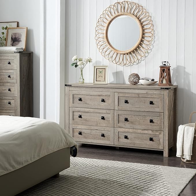 T4TREAM Farmhouse 6 Drawers Dresser for Bedroom, Wood Rustic Wide Chest of Drawers, Storage Dressers Organizer for Bedroom, Living Room, Hallway, Light Rustic Oak