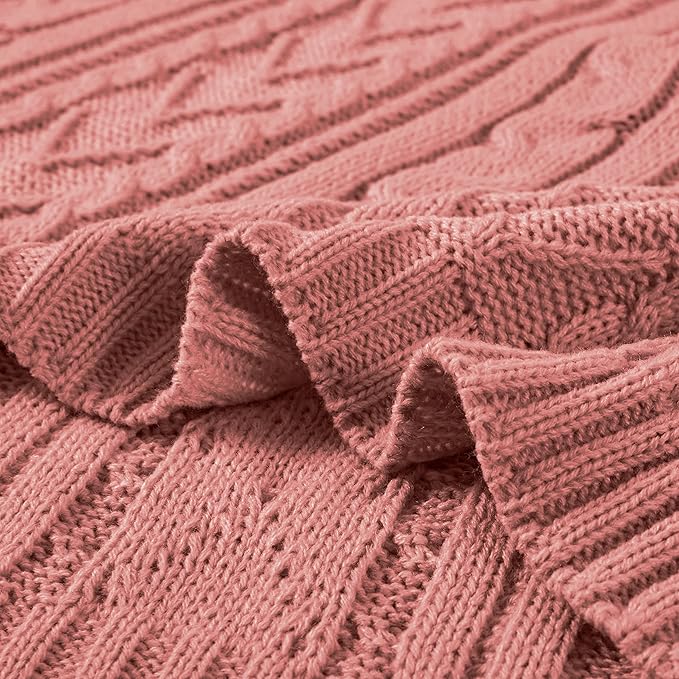 Aormenzy Dusty Pink Cable Knit Throw Blankets for Couch Bed Sofa, Acrylic Knitted Blanket, Soft Cozy Throw Blanket, 50" x 60"