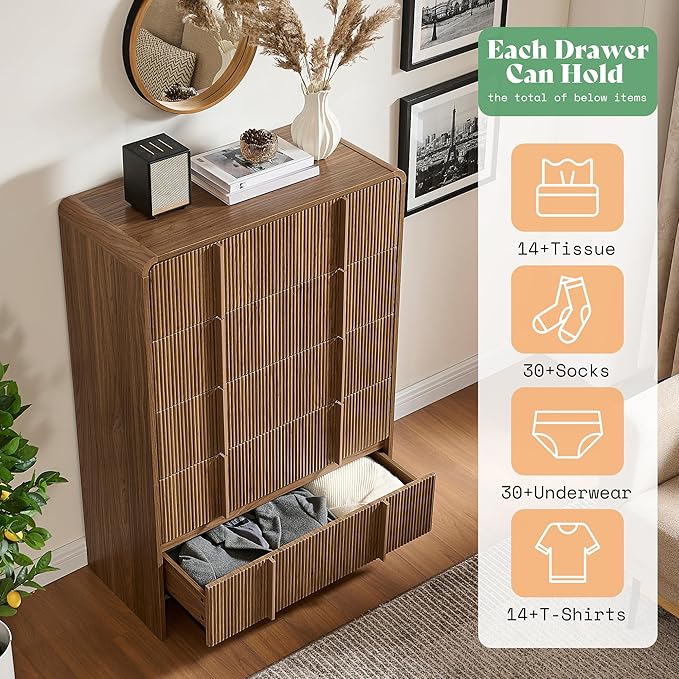 AMERLIFE Fluted 5 Drawer Dresser, 48" Tall Modern Chest of Drawers with Pine Handles, Rounded Corners & Anti-Tip, Wood Drawer Organizer for Cloth, Bedroom, Living Room, Hallway, Dark Walnut