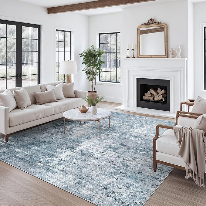 Abstract Rug 8x10 Large Living Room Rugs Neutral Modern Washable Area Rugs for Bedroom Dining Room Non-Slip Stain Resistant Foldable Thin Blue
